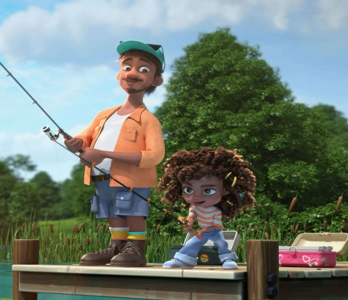 Little girl and father figure fishing together