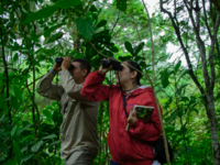 A man and woman stand in a forest with binoculars