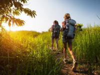 Hikers walking through ringgold county, tall green grass.