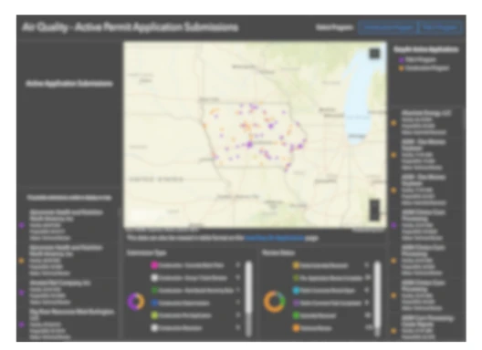 Screen capture of the air quality dashboard, showing active application numbers and other statistics.